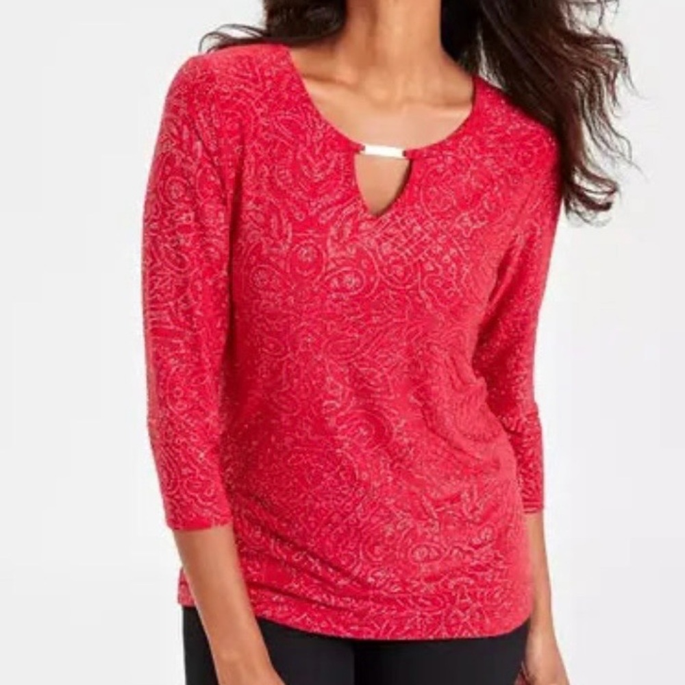 🆕🌹JM Collection Red Jacquard Knit Sparkle Top Glam Blouse Size XL Petite Large